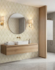 Reed & Smoke sage diamond line wallpaper creating ambiance in a serene bathroom