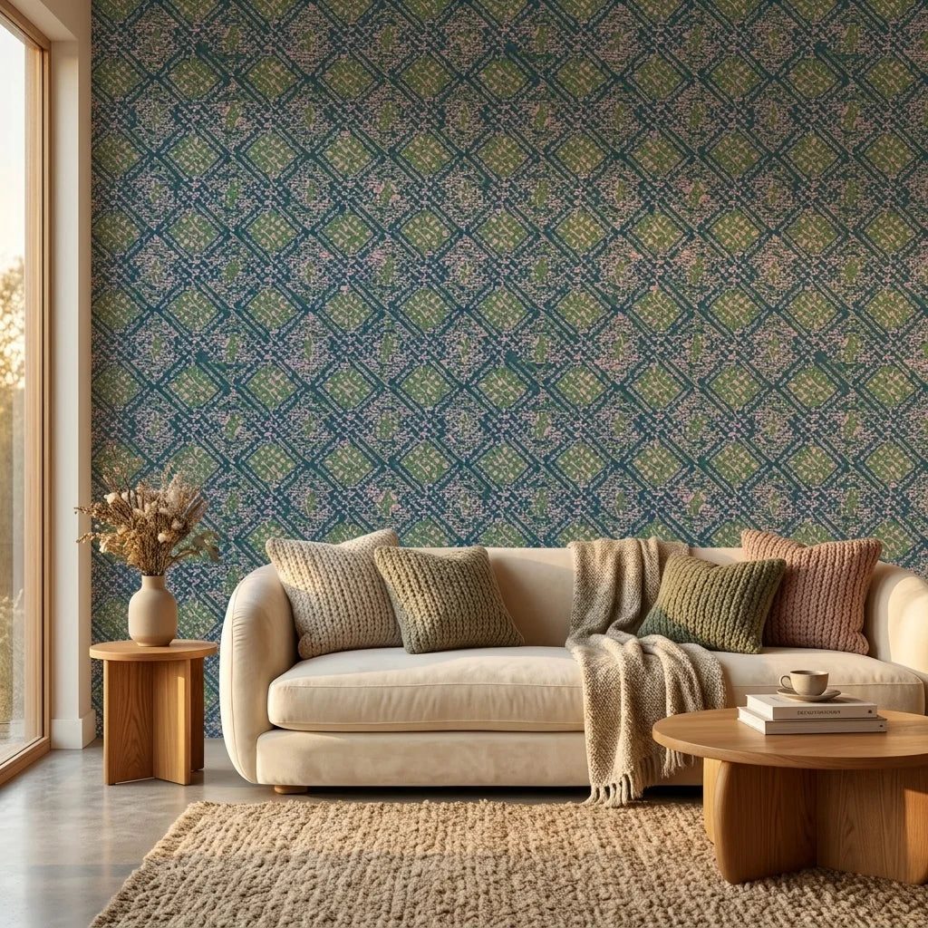 Reef Camo teal and pink abstract wallpaper in a warm and inviting living room