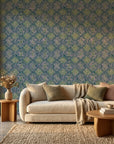 Reef Camo teal and pink abstract wallpaper in a warm and inviting living room