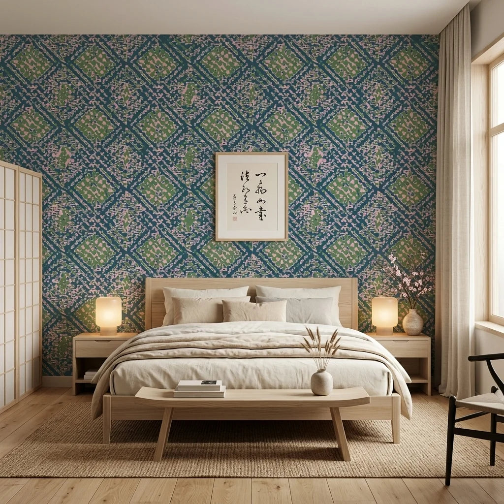 Reef Camo teal and pink abstract wallpaper adding character to a cozy bedroom