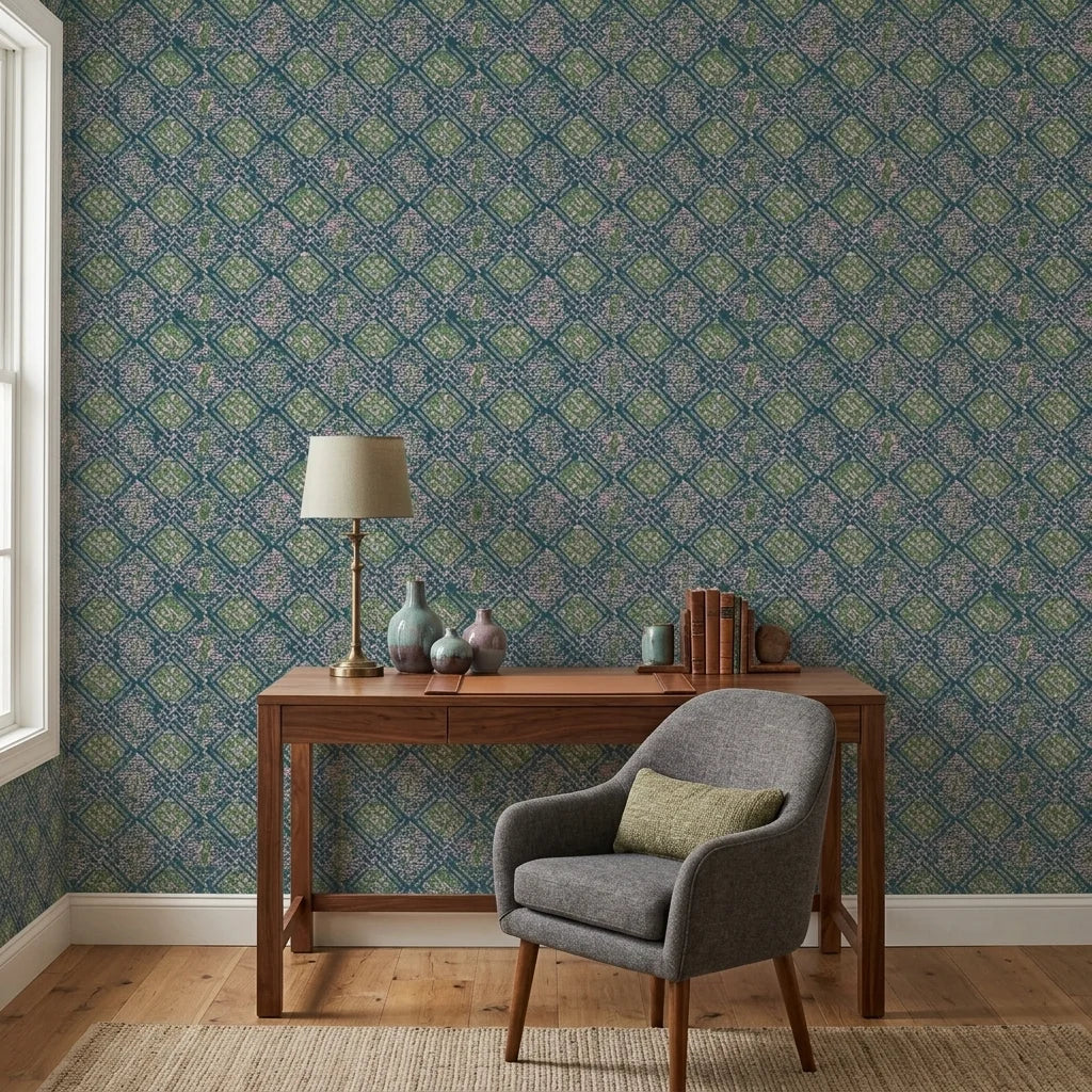 Reef Camo teal and pink abstract wallpaper as a feature wall in a bright home office