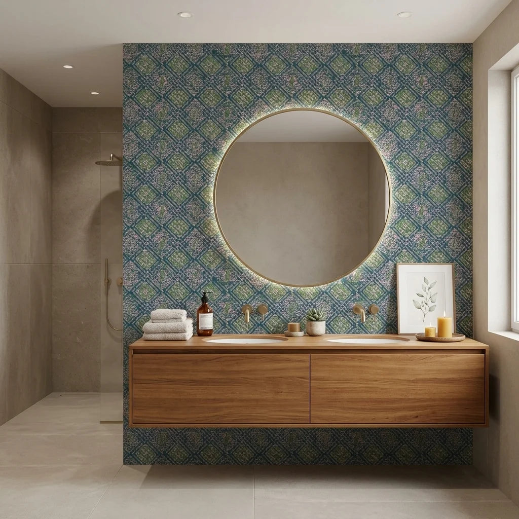 Reef Camo teal and pink abstract wallpaper creating ambiance in a serene bathroom