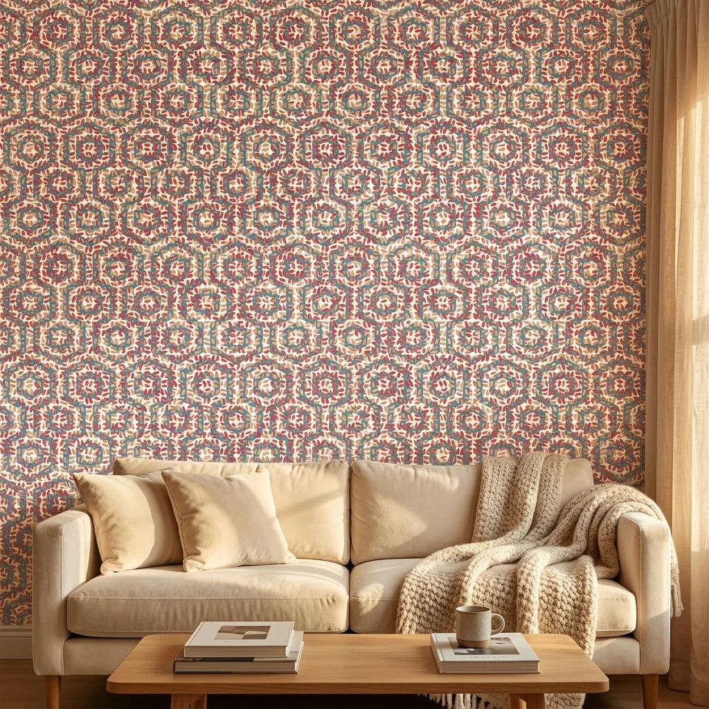 Reef & Flame coral geometric peel and stick wallpaper in a warm and inviting living room