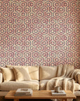 Reef & Flame coral geometric peel and stick wallpaper in a warm and inviting living room