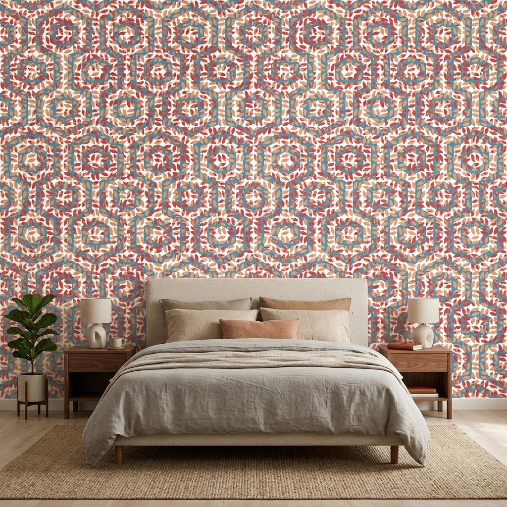 Reef & Flame coral geometric peel and stick wallpaper adding character to a cozy bedroom