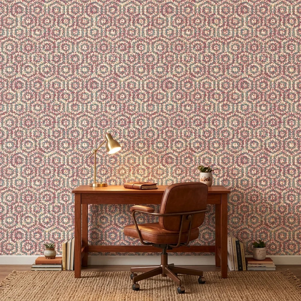 Reef & Flame coral geometric peel and stick wallpaper as a feature wall in a bright home office