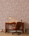 Reef & Flame coral geometric peel and stick wallpaper as a feature wall in a bright home office