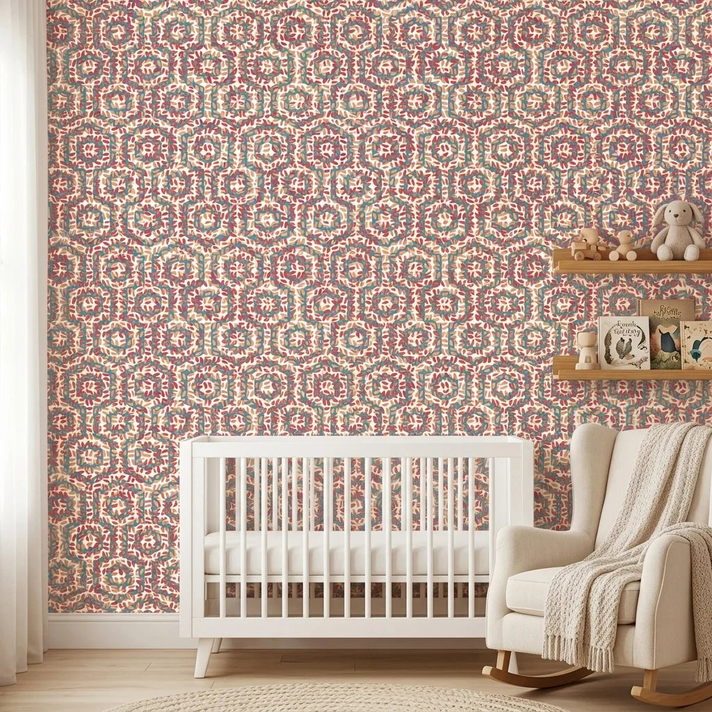 Reef & Flame coral geometric peel and stick wallpaper creating ambiance in a serene bathroom