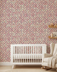 Reef & Flame coral geometric peel and stick wallpaper creating ambiance in a serene bathroom