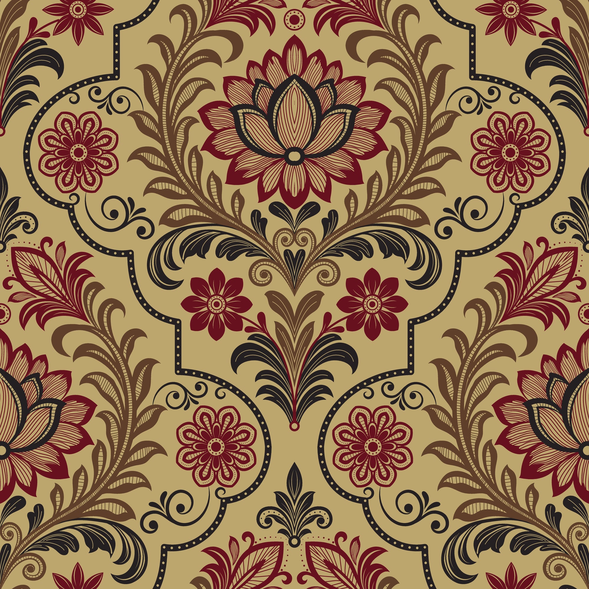 Textured peel and stick wallpaper with red gold damask florals - Regal Tapestry