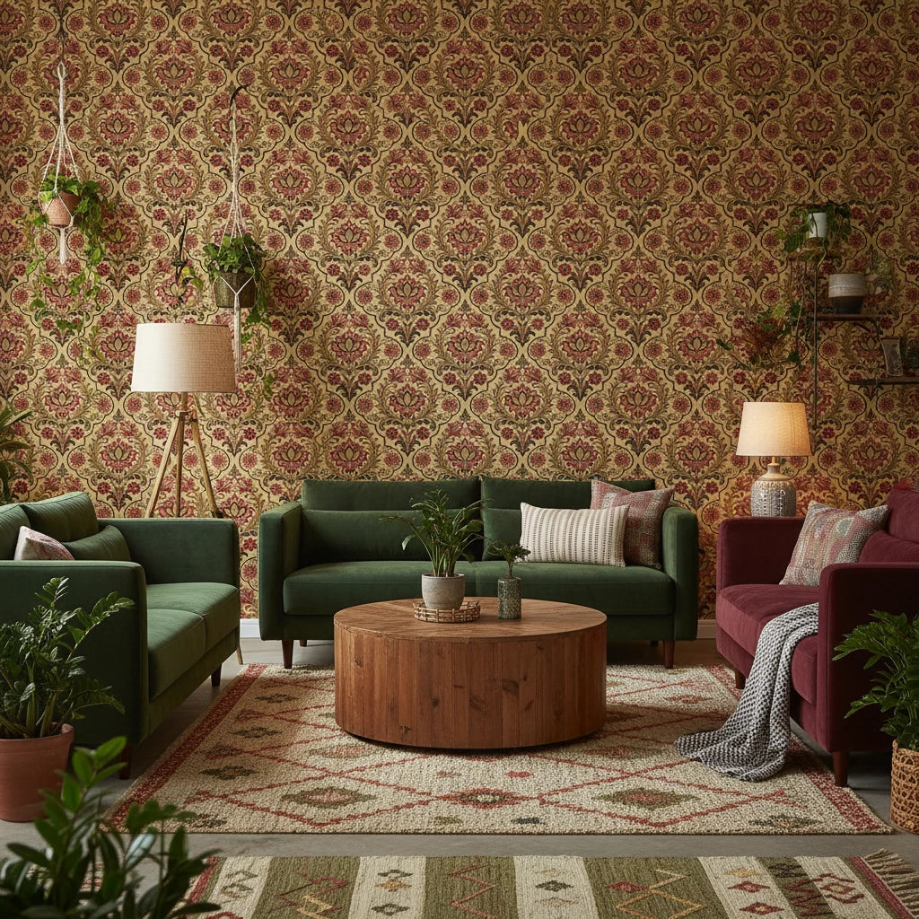 Regal Tapestry opulent red and gold damask wallpaper in a warm and inviting living room