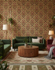 Regal Tapestry opulent red and gold damask wallpaper in a warm and inviting living room