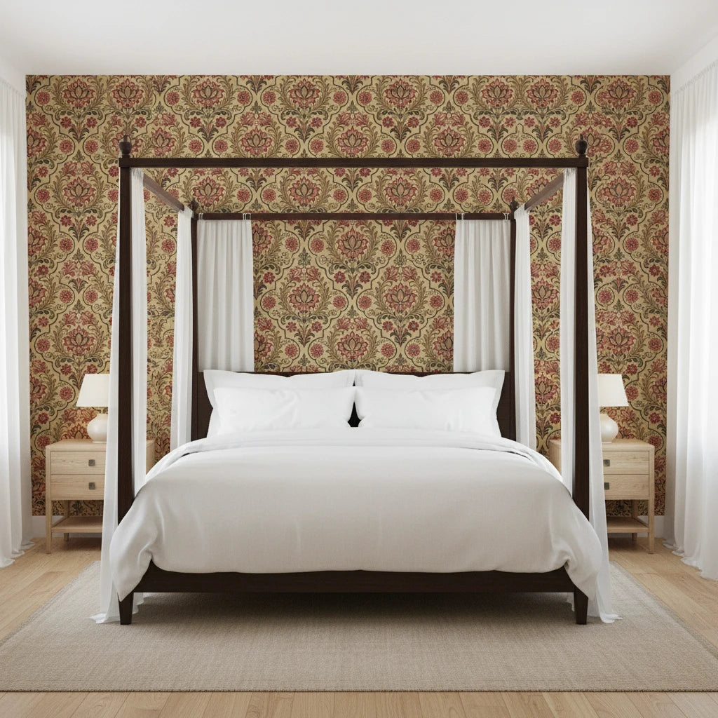 Regal Tapestry opulent red and gold damask wallpaper adding character to a cozy bedroom