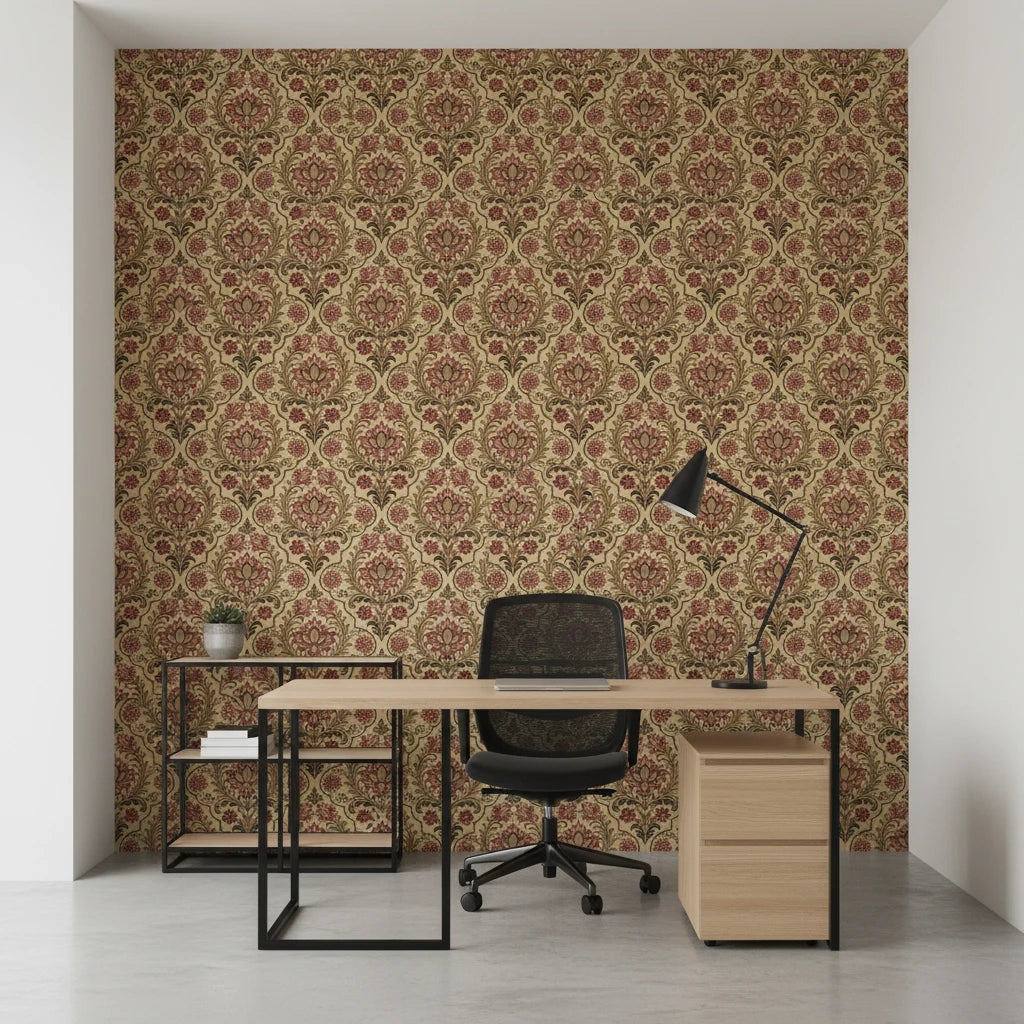 Regal Tapestry opulent red and gold damask wallpaper as a feature wall in a bright home office