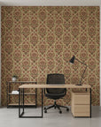Regal Tapestry opulent red and gold damask wallpaper as a feature wall in a bright home office