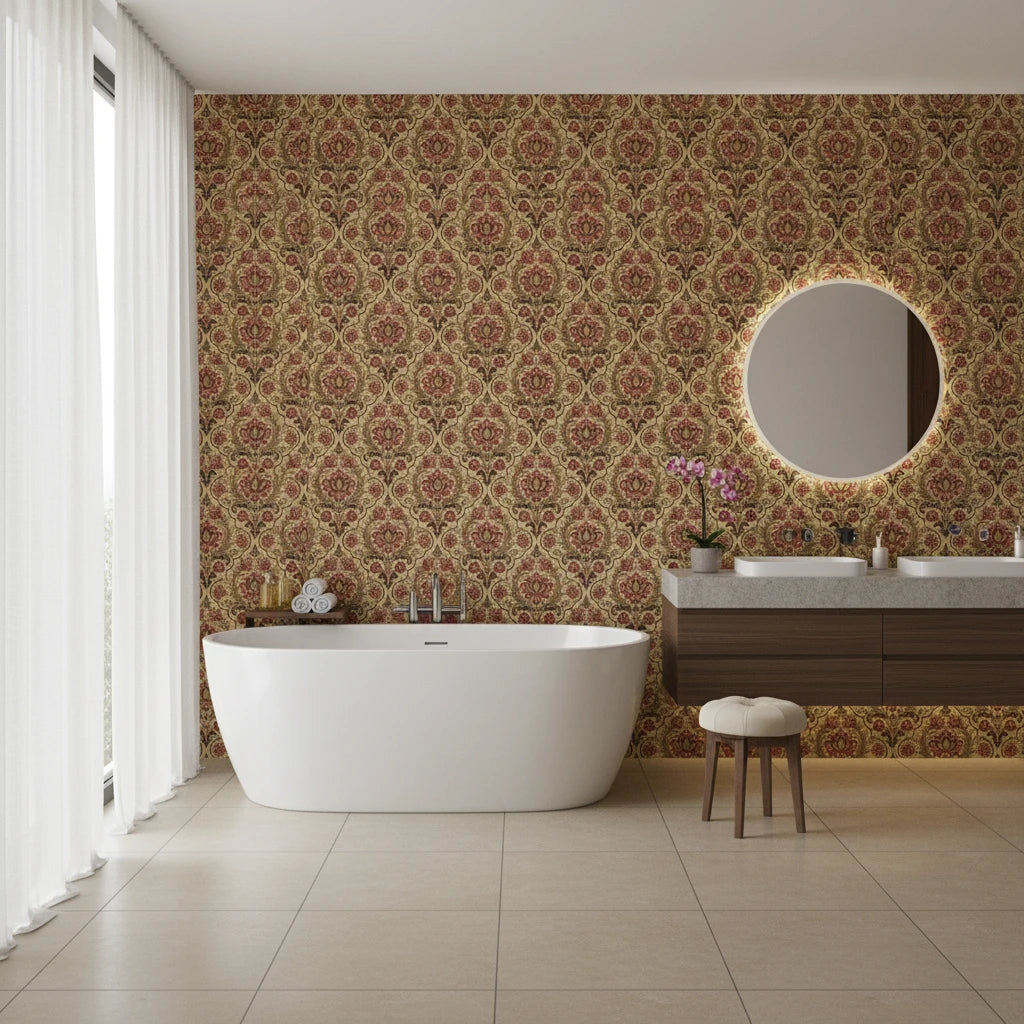 Regal Tapestry opulent red and gold damask wallpaper creating ambiance in a serene bathroom
