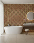 Regal Tapestry opulent red and gold damask wallpaper creating ambiance in a serene bathroom