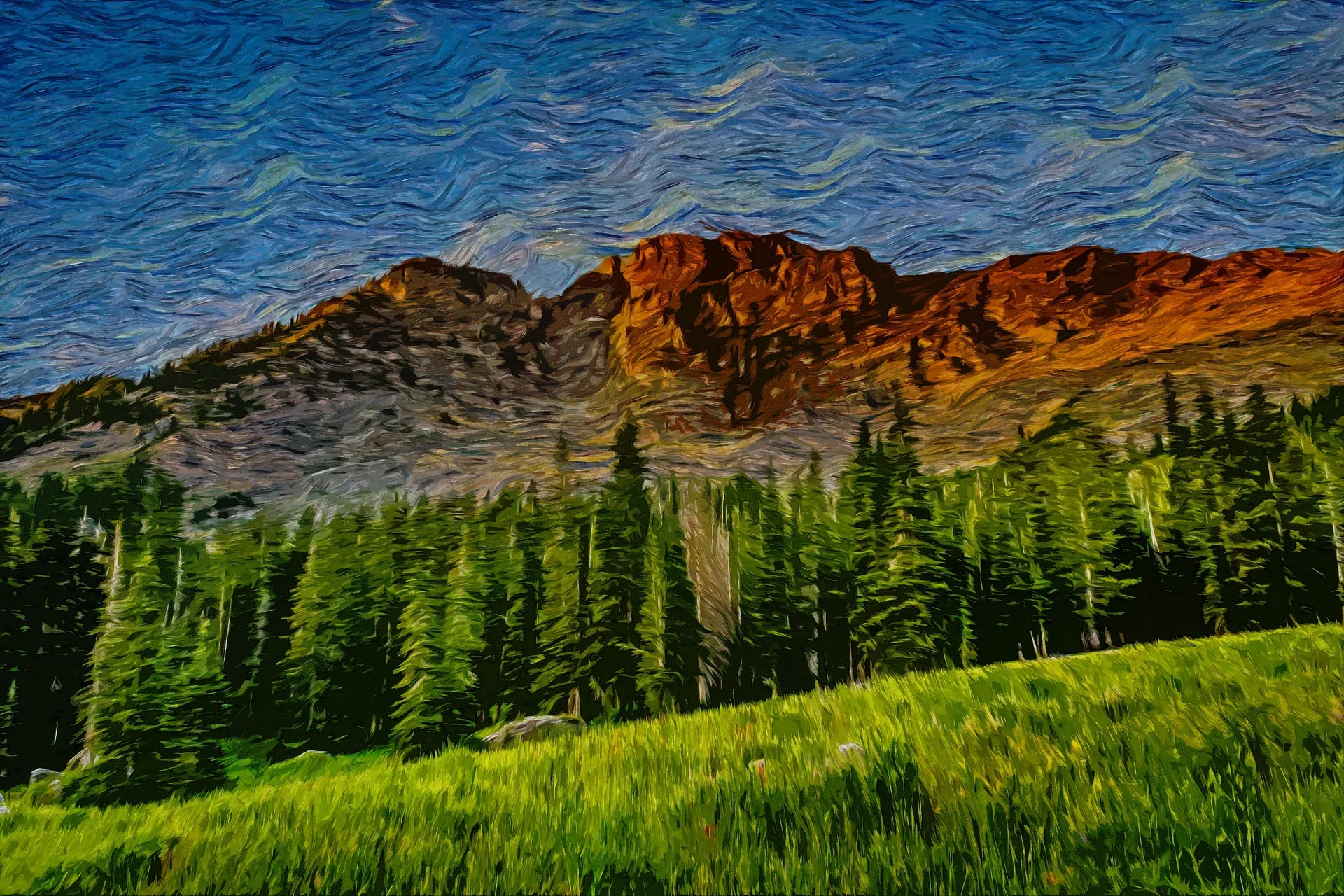 Restless Sky dramatic swirling mountain forest wallpaper creating ambiance in a serene bathroom