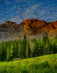 Restless Sky dramatic swirling mountain forest wallpaper creating ambiance in a serene bathroom