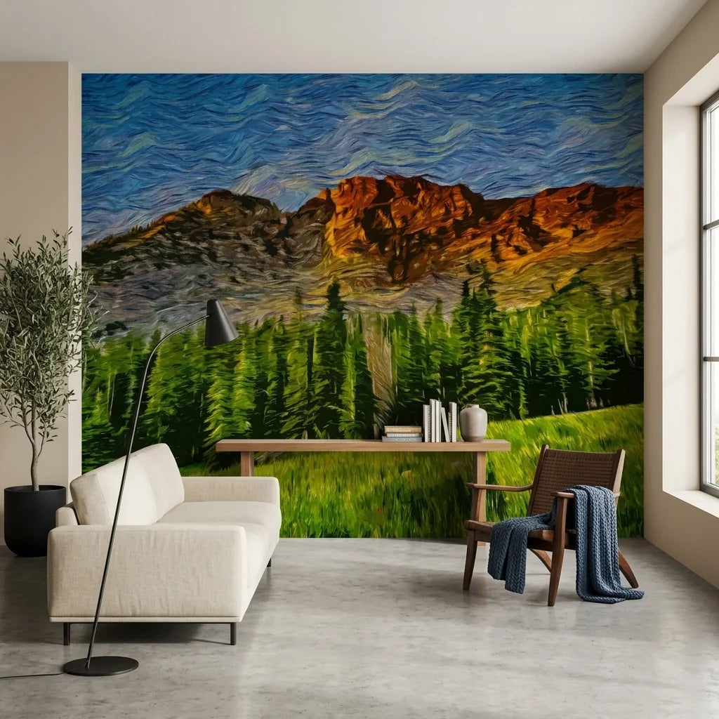 Textured swirling blue sky over evergreen forest mountain peel and stick wallpaper - Restless Sky
