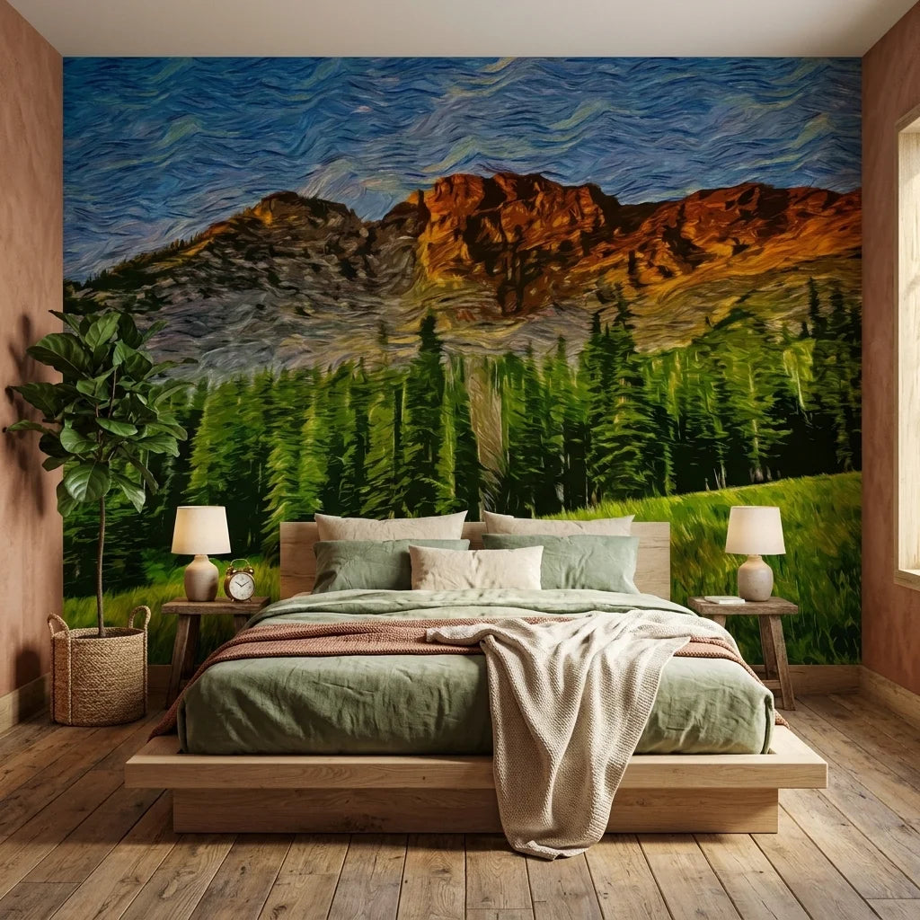 Restless Sky dramatic swirling mountain forest wallpaper in a warm and inviting living room