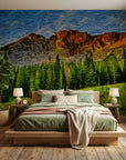 Restless Sky dramatic swirling mountain forest wallpaper in a warm and inviting living room