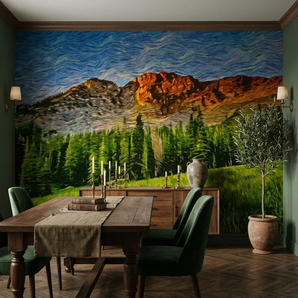 Restless Sky dramatic swirling mountain forest wallpaper adding character to a cozy bedroom