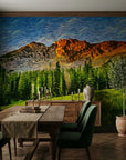 Restless Sky dramatic swirling mountain forest wallpaper adding character to a cozy bedroom