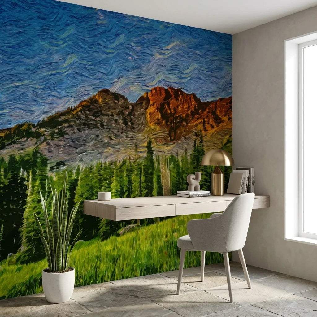 Restless Sky dramatic swirling mountain forest wallpaper as a feature wall in a bright home office