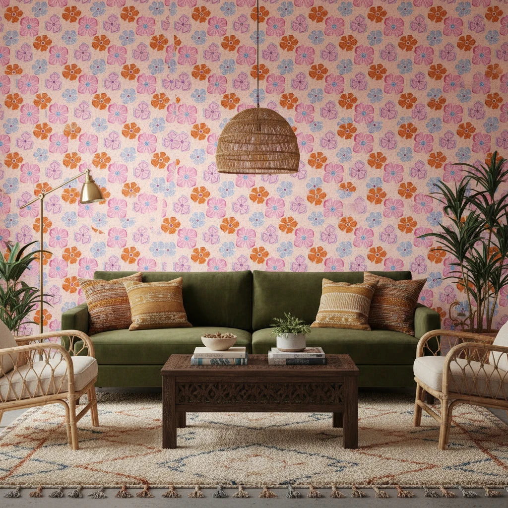 Retro Petal Pop bold groovy floral wallpaper in a warm and inviting living room
