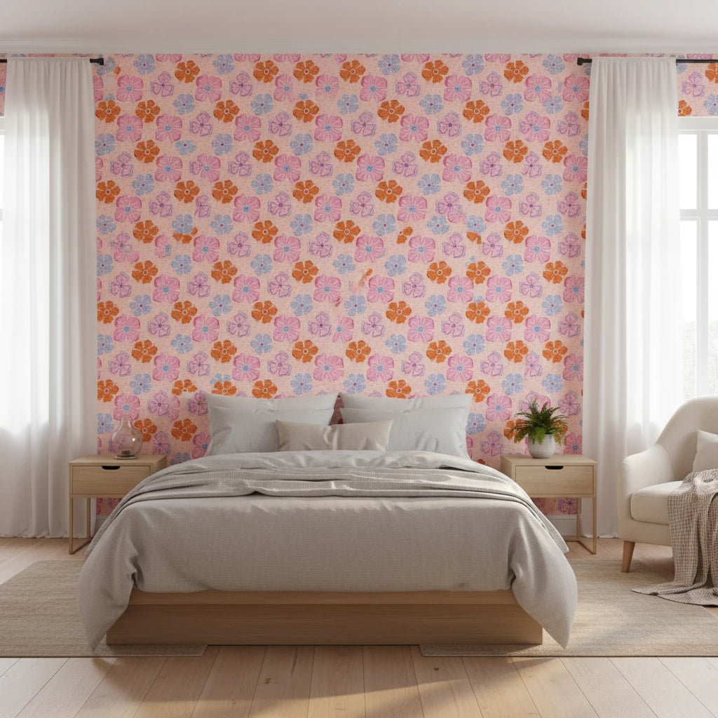 Retro Petal Pop bold groovy floral wallpaper adding character to a cozy bedroom