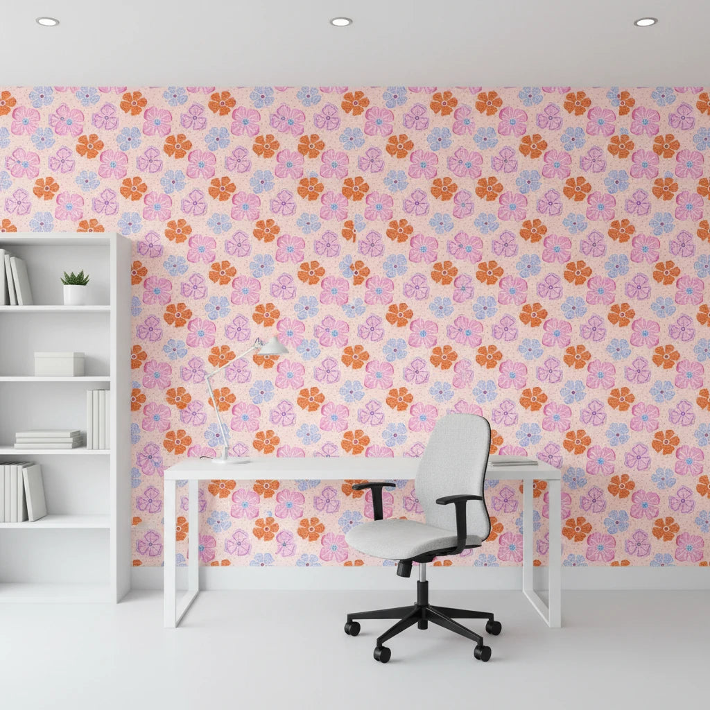 Retro Petal Pop bold groovy floral wallpaper as a feature wall in a bright home office