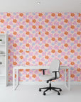 Retro Petal Pop bold groovy floral wallpaper as a feature wall in a bright home office
