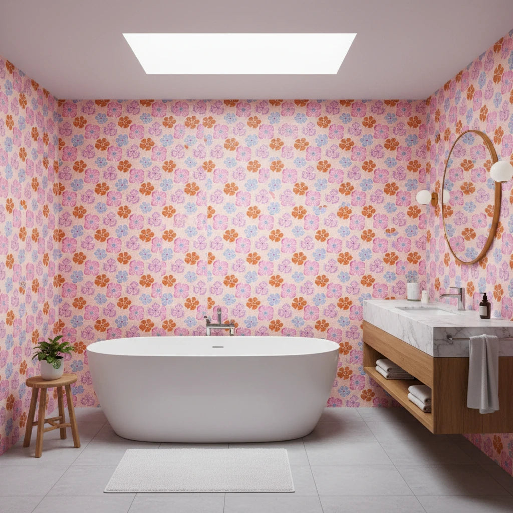 Retro Petal Pop bold groovy floral wallpaper creating ambiance in a serene bathroom