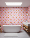 Retro Petal Pop bold groovy floral wallpaper creating ambiance in a serene bathroom