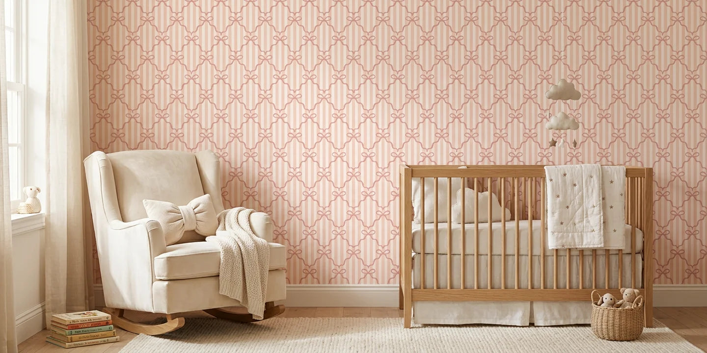 Ribbon Lattice coquette bow wallpaper in a warm and inviting living room