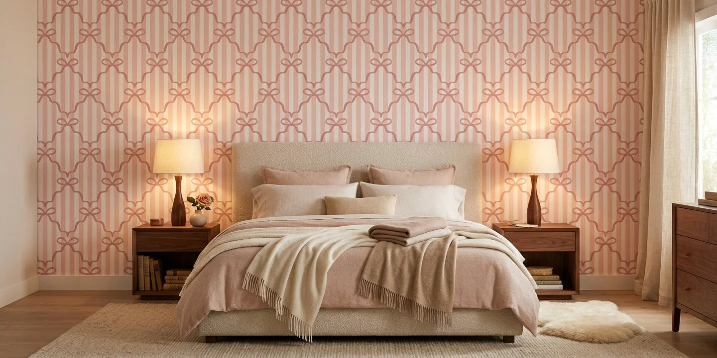 Ribbon Lattice coquette bow wallpaper adding character to a cozy bedroom