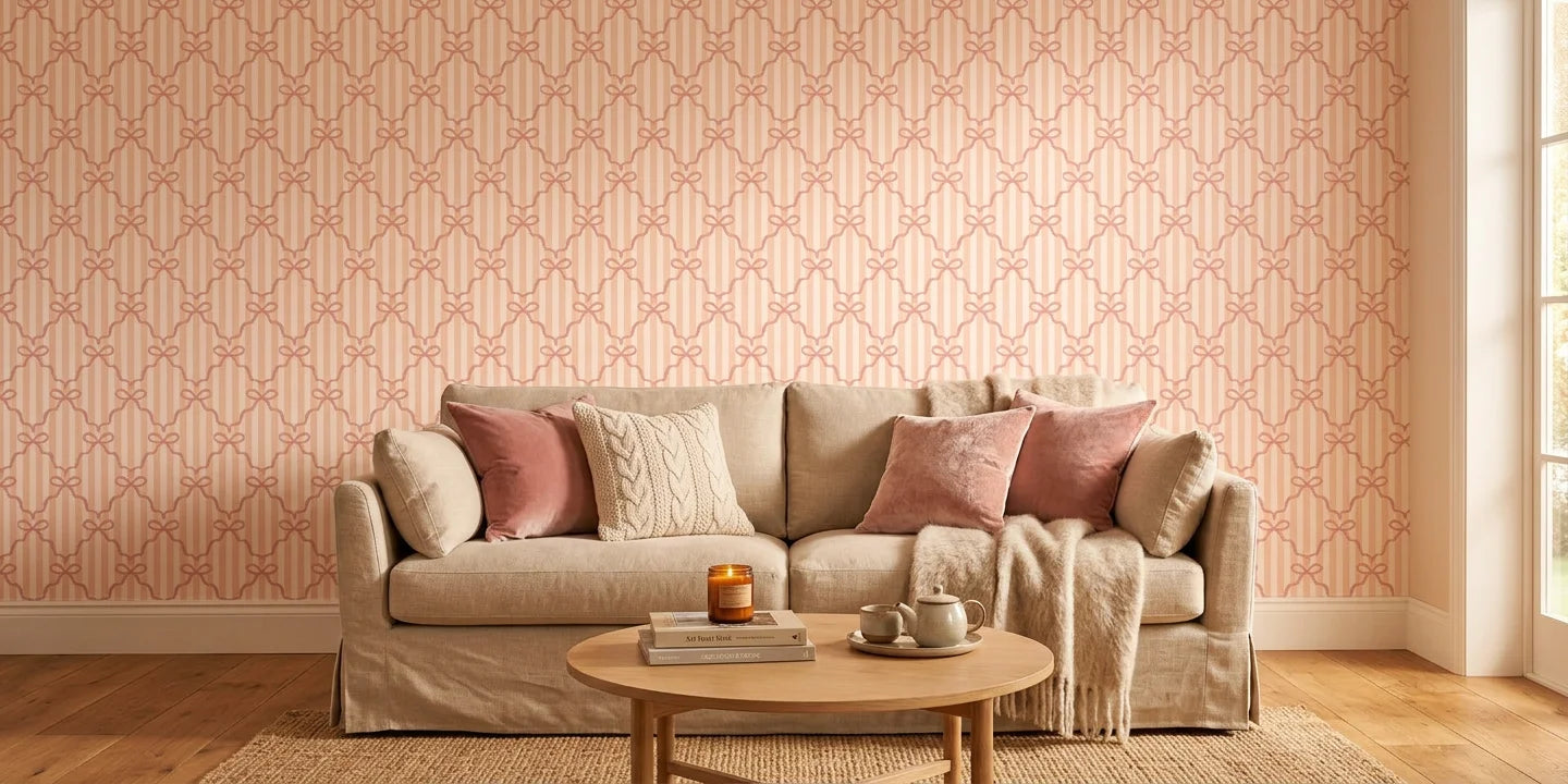 Ribbon Lattice coquette bow wallpaper as a feature wall in a bright home office