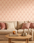 Ribbon Lattice coquette bow wallpaper as a feature wall in a bright home office