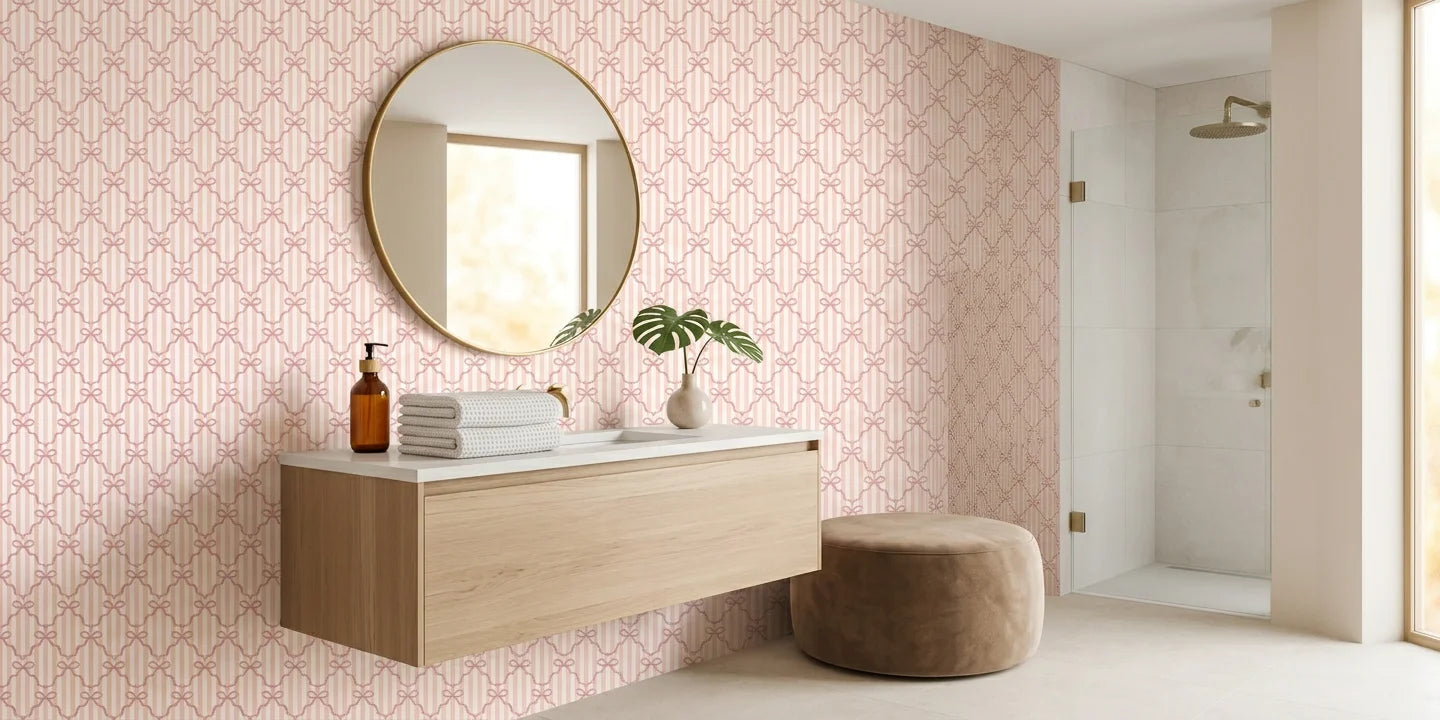 Ribbon Lattice coquette bow wallpaper creating ambiance in a serene bathroom