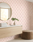 Ribbon Lattice coquette bow wallpaper creating ambiance in a serene bathroom