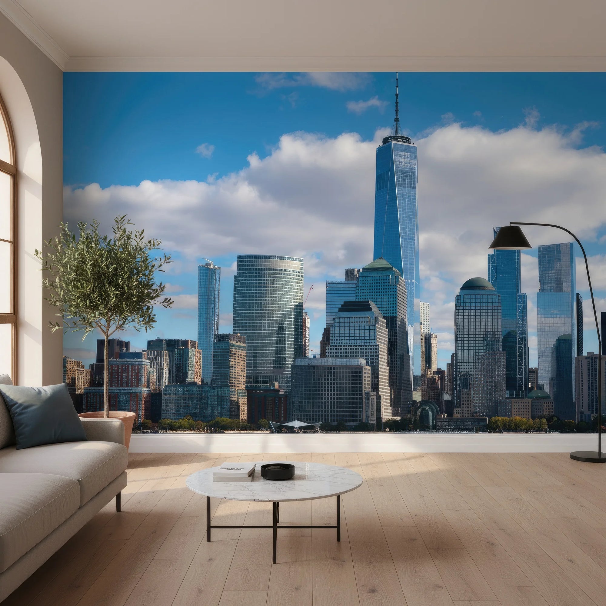 Rising peel and stick wallpaper featuring New York City skyline with One World Trade Center in modern living room
