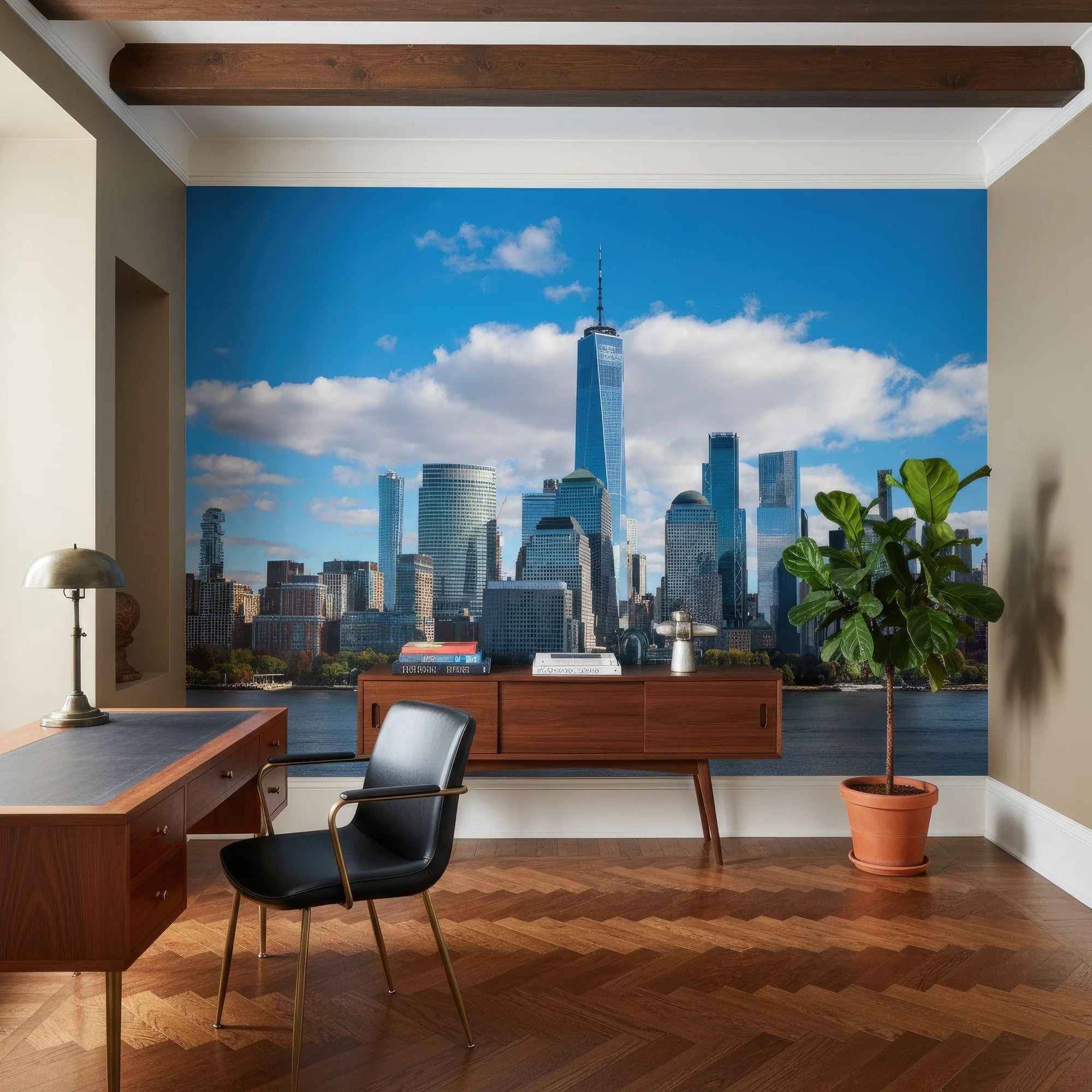 Manhattan skyline Rising mural wallpaper with One World Trade Center in modern home office