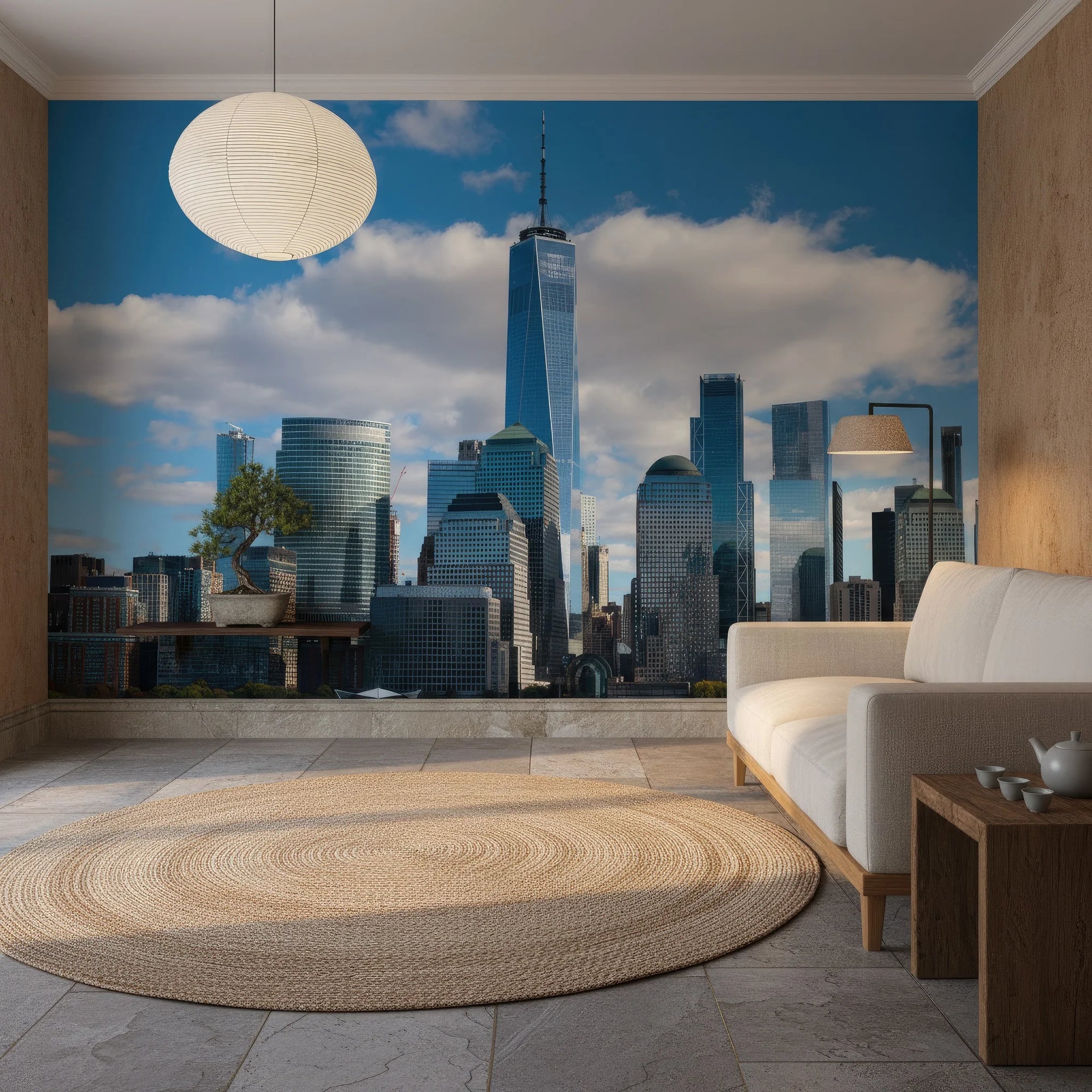New York City skyline Rising wallpaper mural on modern living room accent wall with One World Trade Center