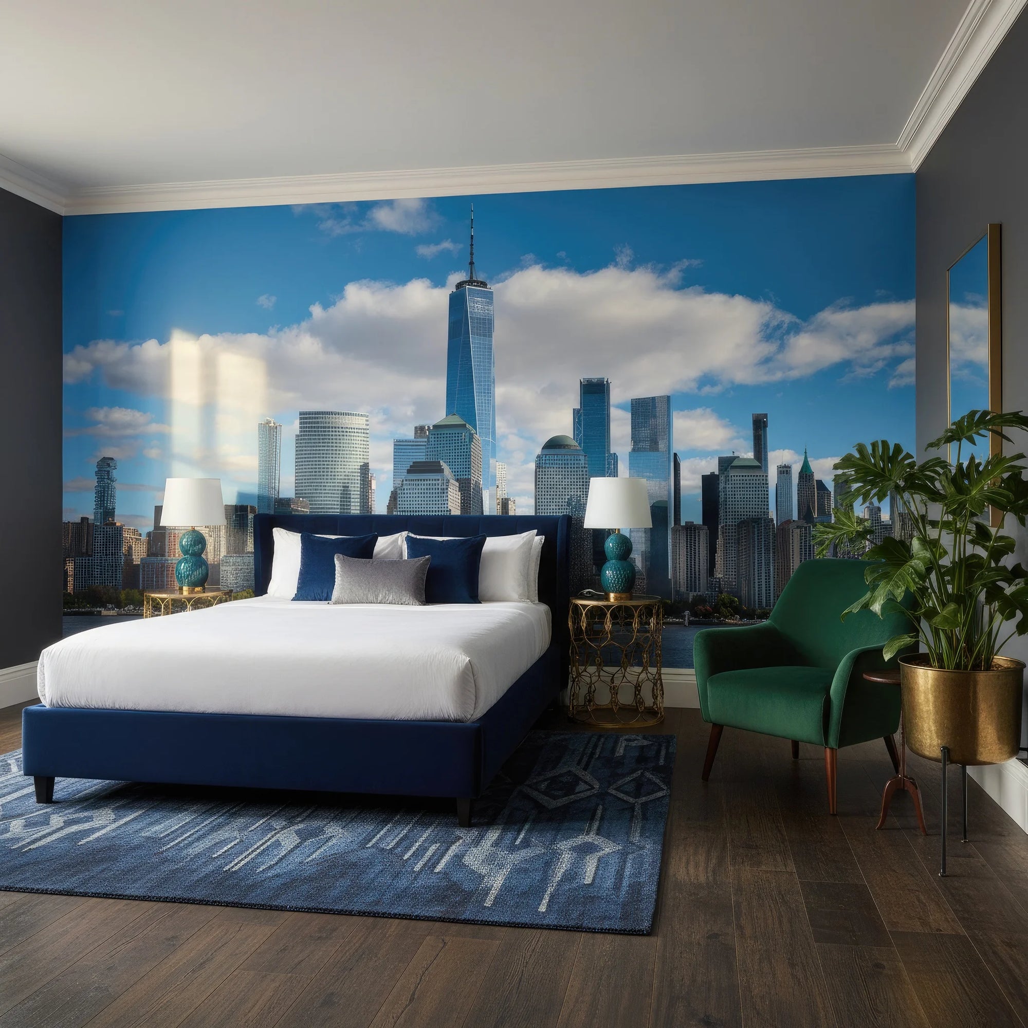 Manhattan skyline Rising wallpaper mural with blue sky and clouds on modern bedroom accent wall