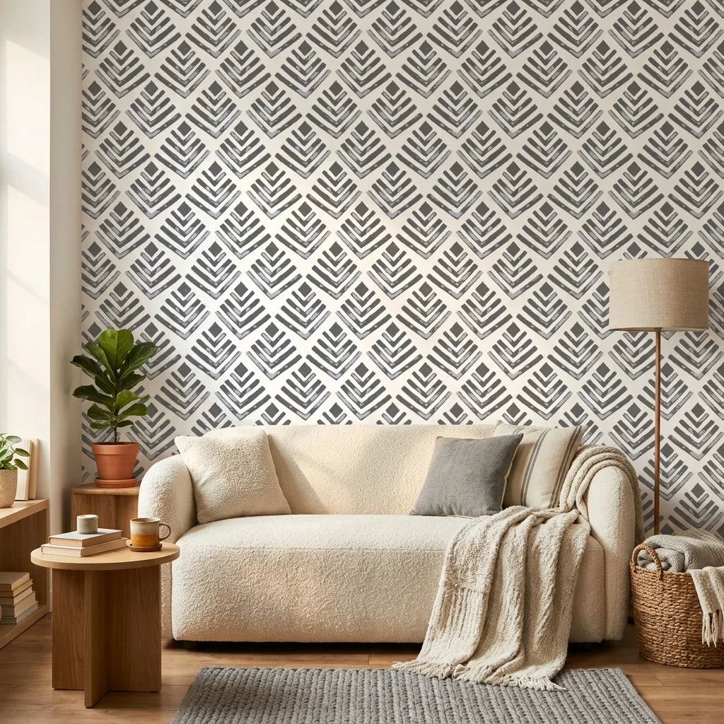 Rising Arrow grey geometric peel and stick wallpaper in a warm and inviting living room