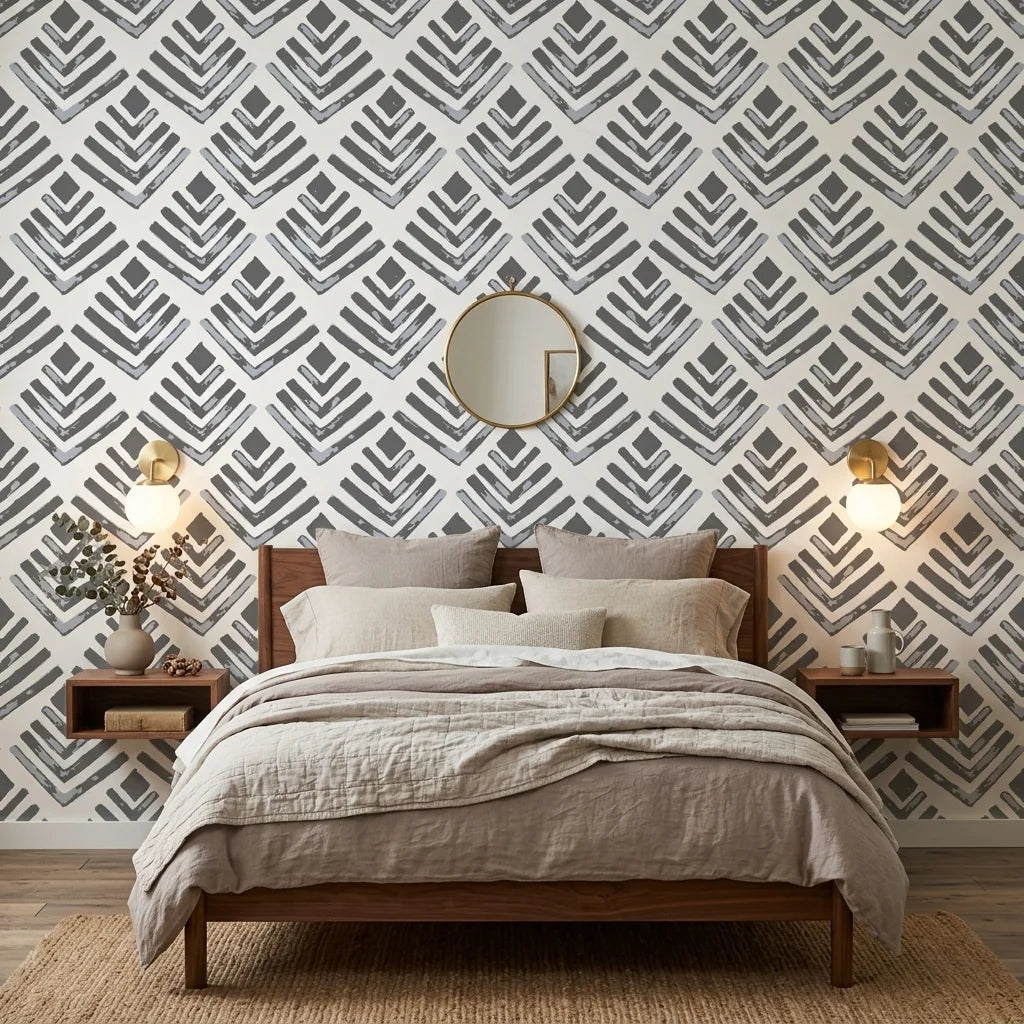 Rising Arrow grey geometric peel and stick wallpaper adding character to a cozy bedroom