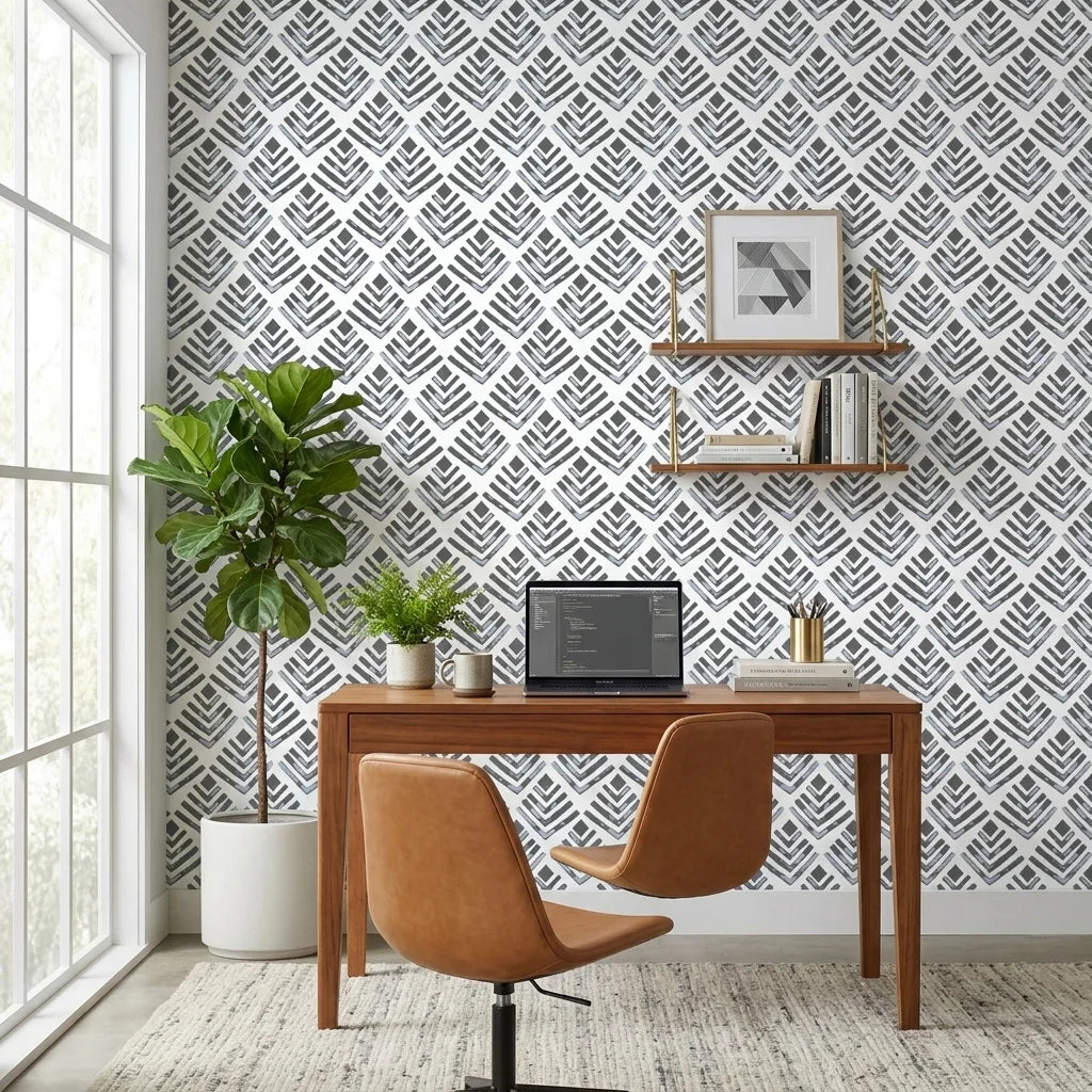 Rising Arrow grey geometric peel and stick wallpaper as a feature wall in a bright home office