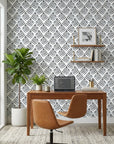Rising Arrow grey geometric peel and stick wallpaper as a feature wall in a bright home office