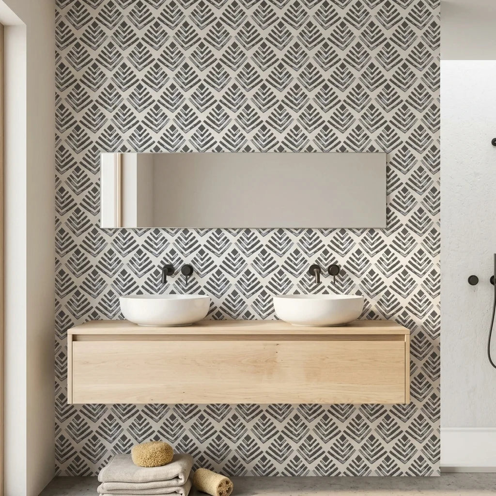 Rising Arrow grey geometric peel and stick wallpaper creating ambiance in a serene bathroom